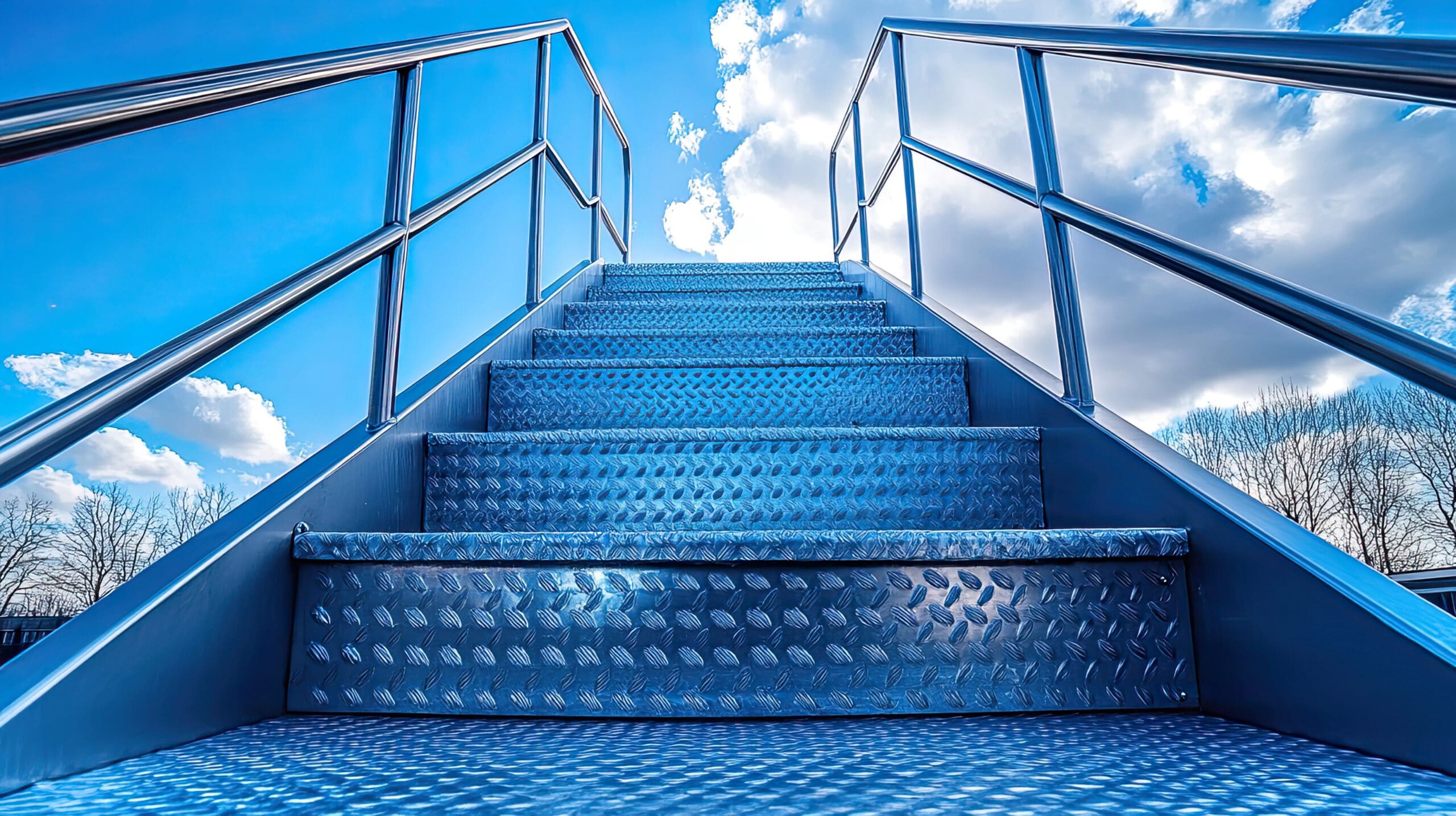 A metallic staircase leads upward against a bright blue sky with scattered white clouds. The steps are made of diamond plate steel, and the scene conveys a sense of direction and elevation.