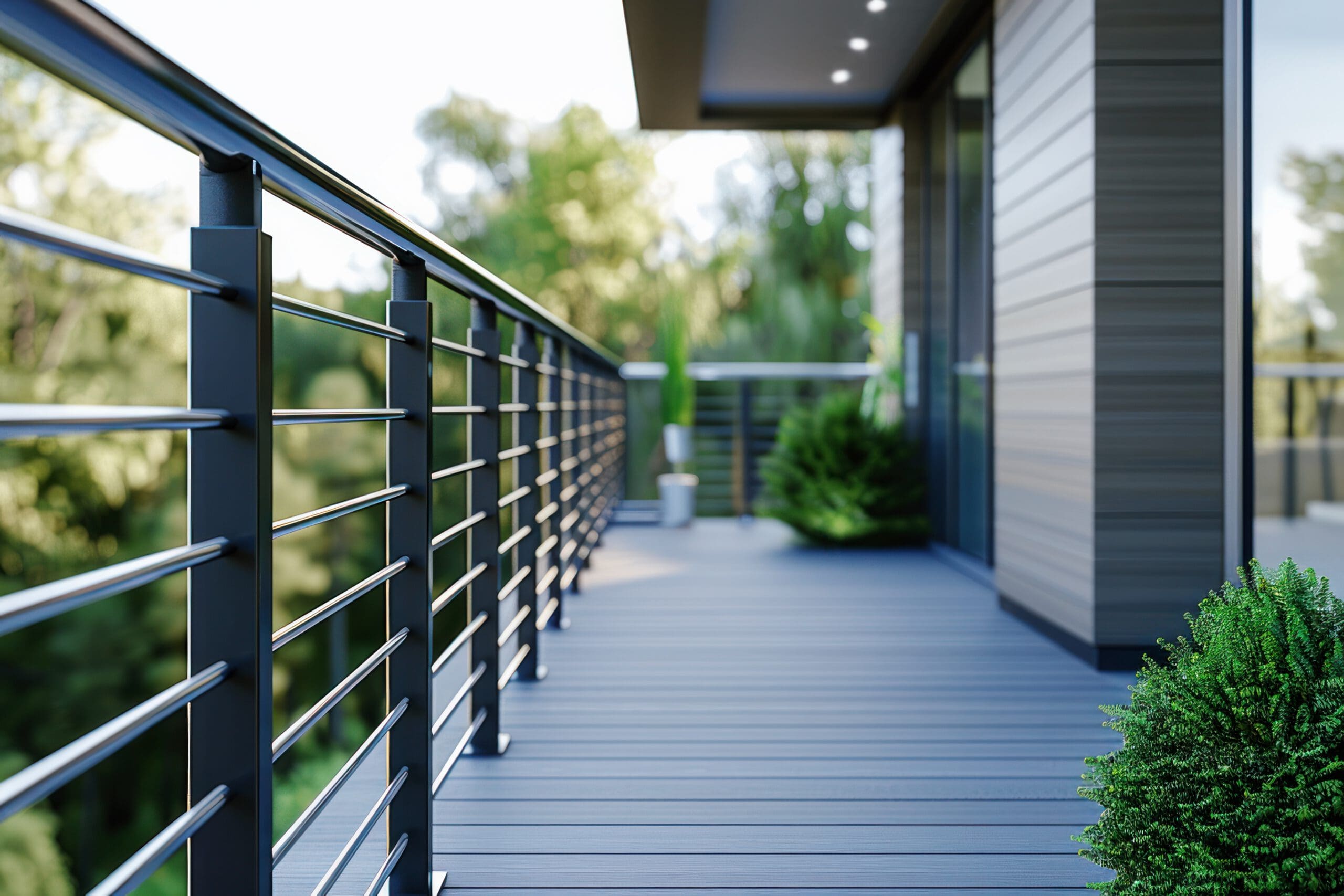 Modern outdoor patio with sleek metal railing, wooden decking, and potted plants. The background features green foliage and a portion of a building with large windows, creating a tranquil and contemporary setting.