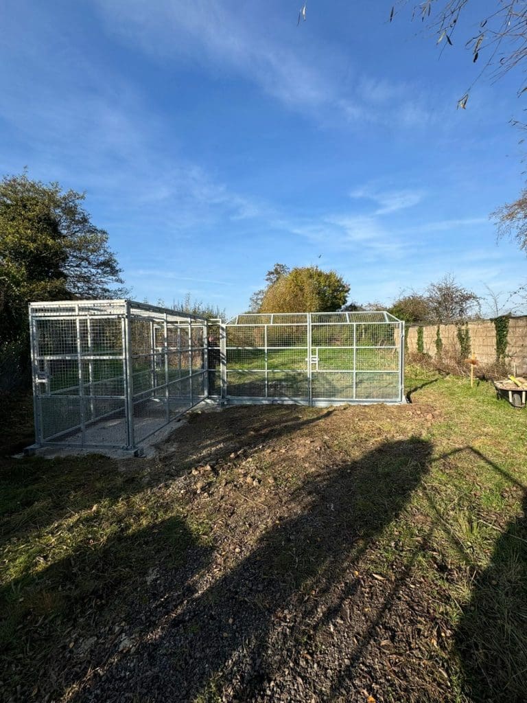 A rectangular metal cage is placed on grass under a clear blue sky, surrounded by trees and bushes. A shadow is cast on the ground, and there's a small path leading to the cage.